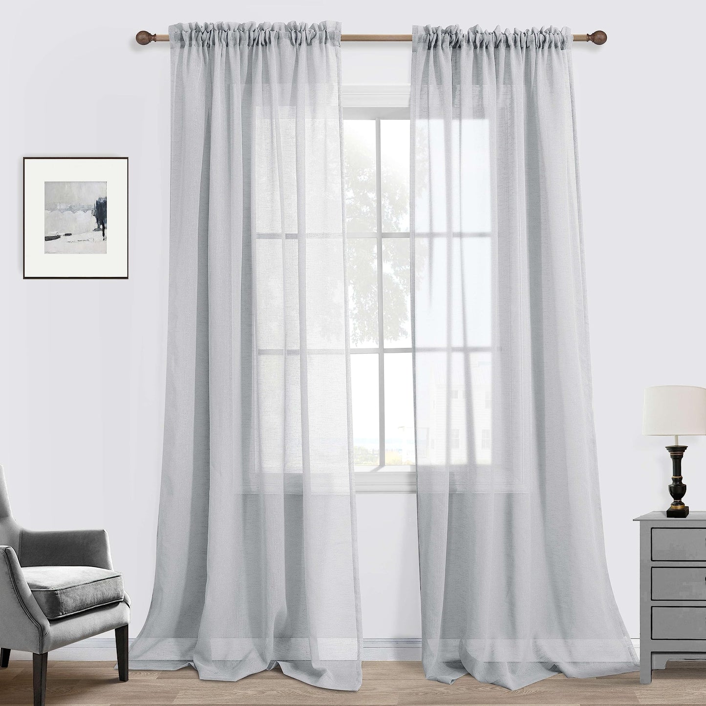 KOUFALL Grey Curtains 84 Inches Long for Bedroom Set 2 Panels Pair Rod Pocket Window Translucent Faux Linen Drapes Light Filtering Semi Sheer Gray Opaque Curtains for Living Room 52x84 Inch Length