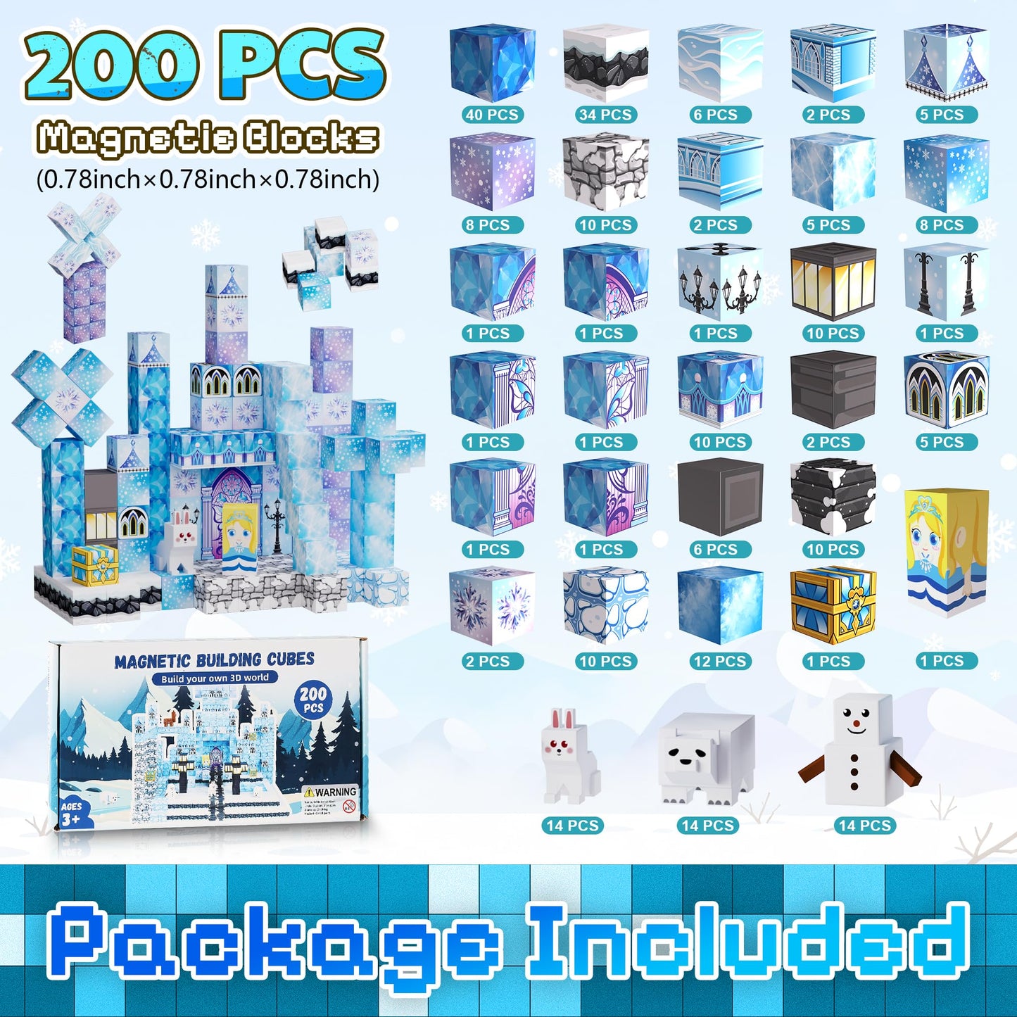 Fitrobust 200 Pack Magnetic Blocks for Kids, STEM Construction Toys with Forest Theme | Creative Educational Games for Ages 3, 4, 5, 6, 7, 8, 9, 10 | Ideal Birthday for Boys & Girls (ICE, Count, 200)