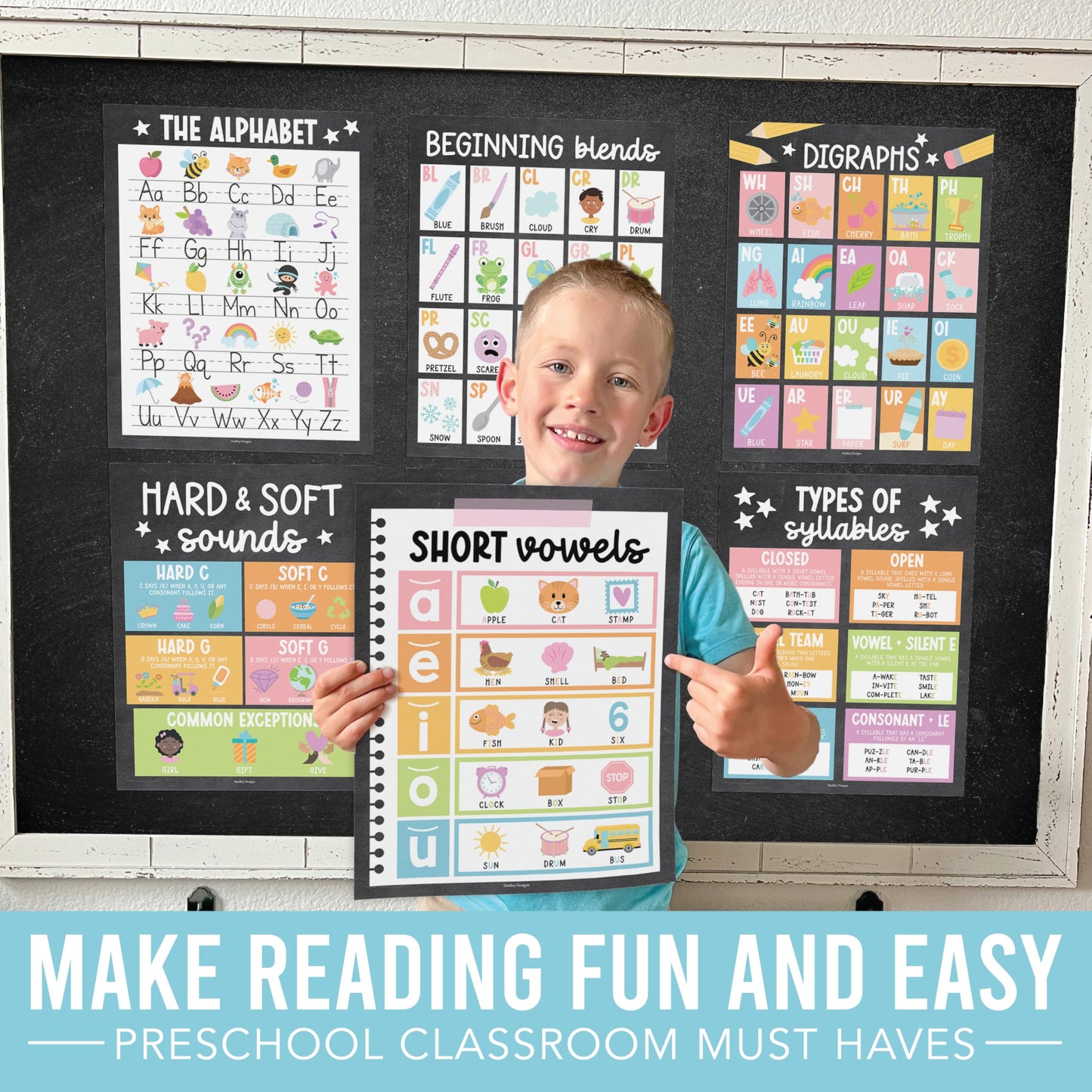 Hadley Designs Phonics Posters for Classroom Must Haves - 9 Sound Wall for Kindergarten & Elementary Teacher Supplies, Syllable, Vowels, Digraphs & Blends Bulletin Board Set, Chalkboard Classrom Decor
