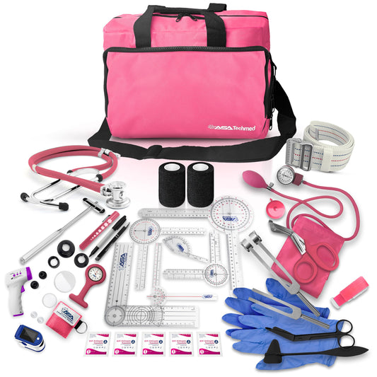 ASA TECHMED Physical Therapy Home Health Aide Comprehensive Kit - Carrying Bag, Blood Pressure Cuff, Stethoscope, Gait Belt- Pink