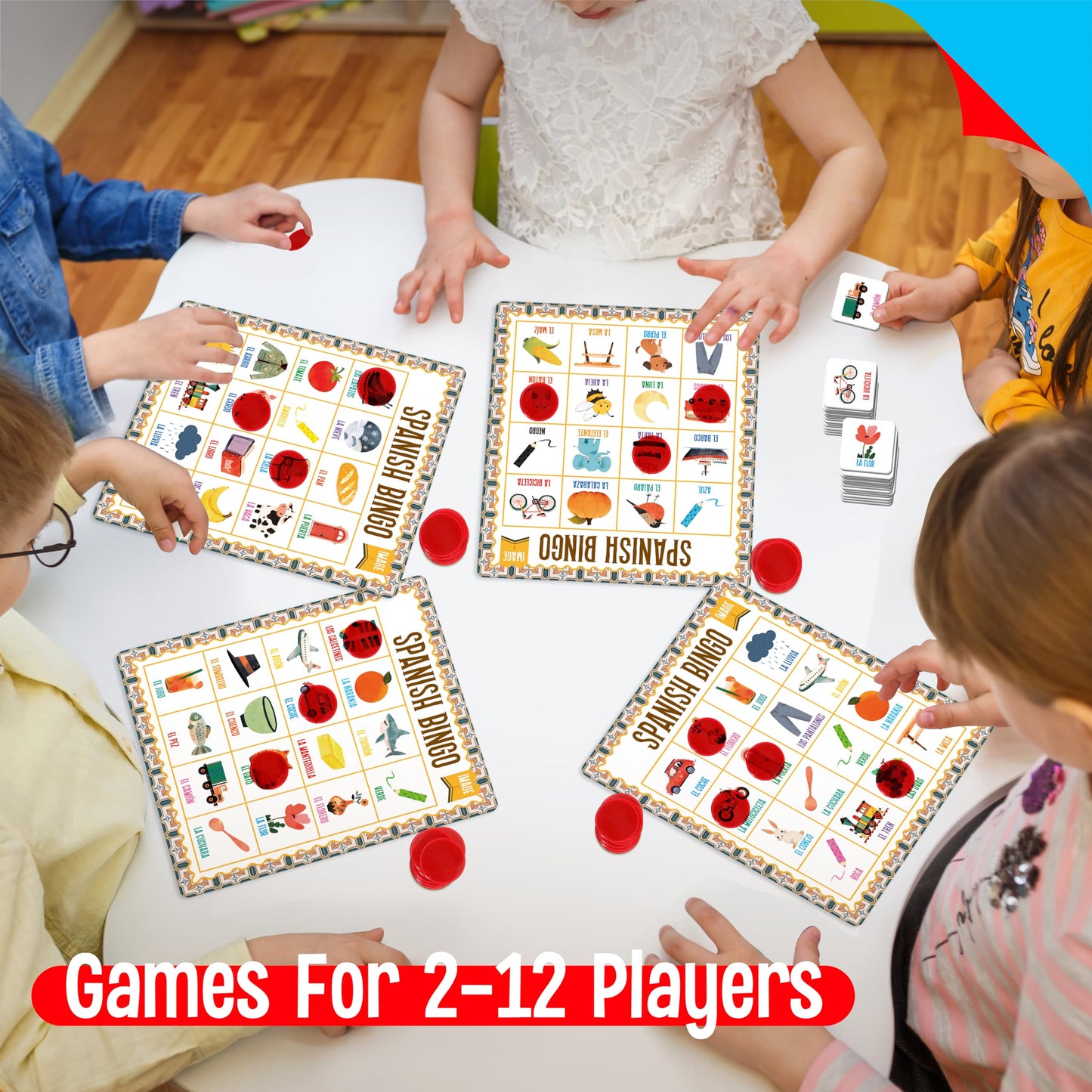 SpriteGru Spanish Bingo Game, 12 Vocabulary Bingo Board Game Bilingual Word Learning Educational Toys for Words Learning - Ages 5 and up (Up to 12 Players)
