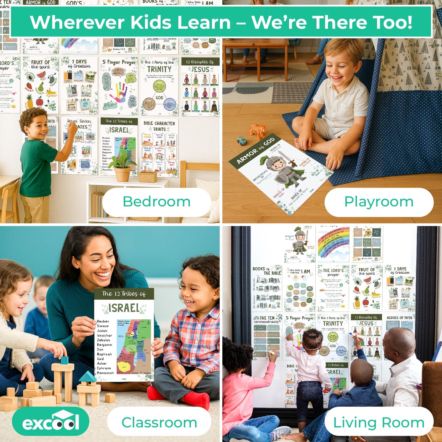 Excool Club Sunday School Decorations For Classroom - 16 Book Of The Bible Posters For Kids, Ten Commandments Fruit Of The Spirit Wall Art, Bible Study Supplies For Christian Classroom Decor (11"x17")
