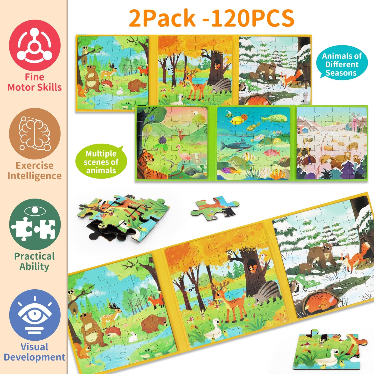 Magnetic Puzzle for Toddlers 3-5 2PK-120PCS-6 Animal Themes Puzzles for Kids 4-6 Travel Puzzle for Airplane/Car/Road Trip/Gift Toys for 3-8 Girls and Boys