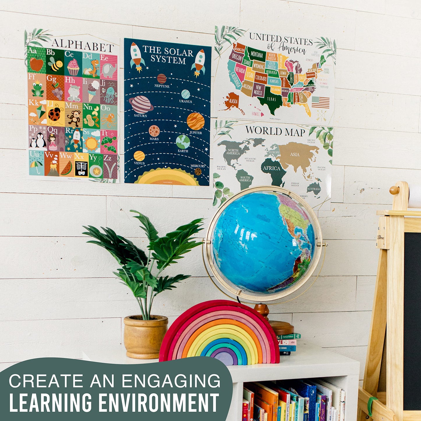 4 Alphabet, Map of United States, World Map, & Solar System Posters - Laminated ABC Charts for Toddlers Wall Decor, Greenery Posters for Kindergarten, Prek Classroom or Homeschool 11x17