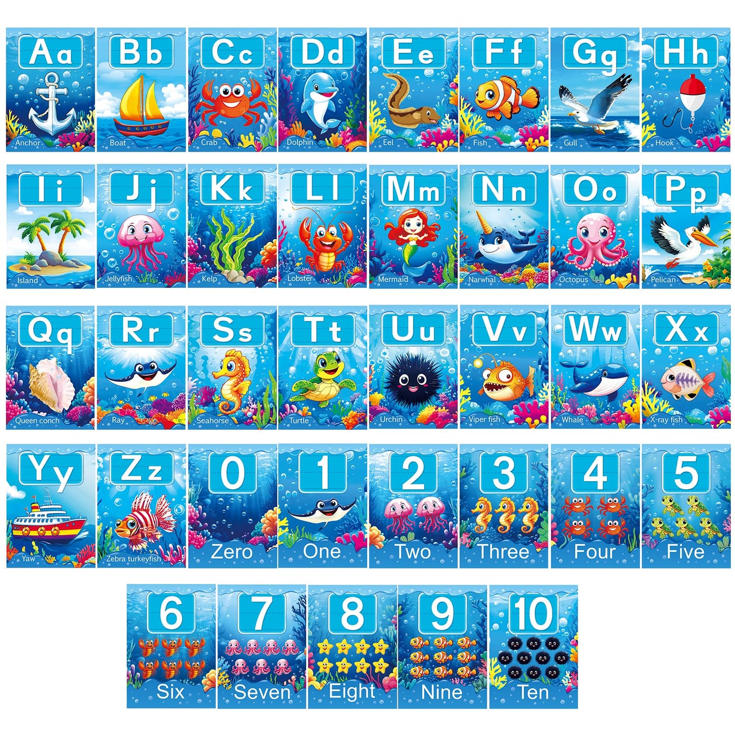 Adduster 37 Piece Alphanumeric Bulletin Board Set Submarine Alphanumeric 0-10 Card Cutout Marine Life Educational Poster for Classroom Walls Preschool Kindergarten Teacher