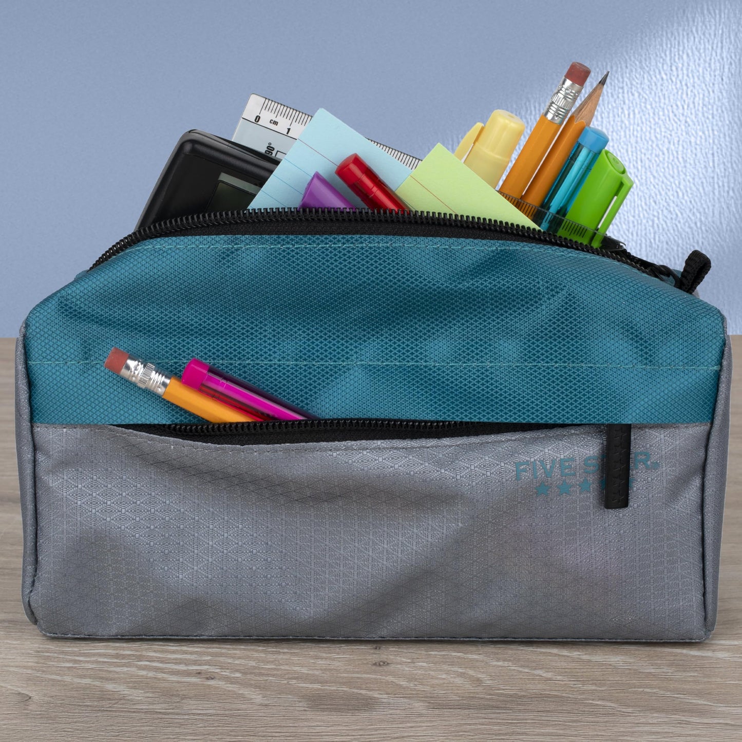 Five Star Pencil Pouch 9-Pocket Zipper Storage Organizer Case for Office Supplies Earbuds Chargers Cables Makeup, Grey/Teal (505600D)
