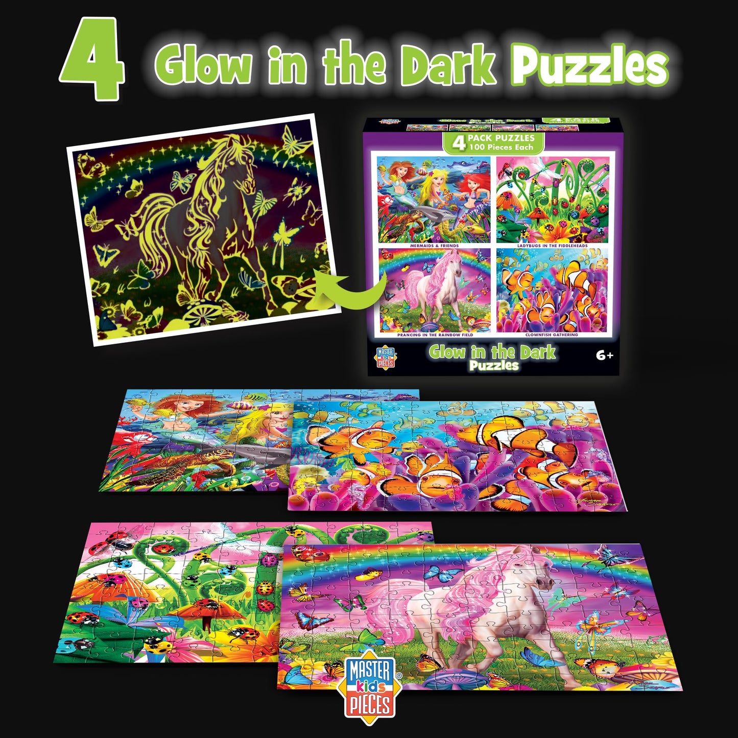 MasterPieces – Jigsaw Puzzle Set for Kids 6+ Years, 4-Pack of 100 Pieces, Educational and Fun Game, Purple Glow in the Dark Collection, Gift Idea for Children, 8" x 10