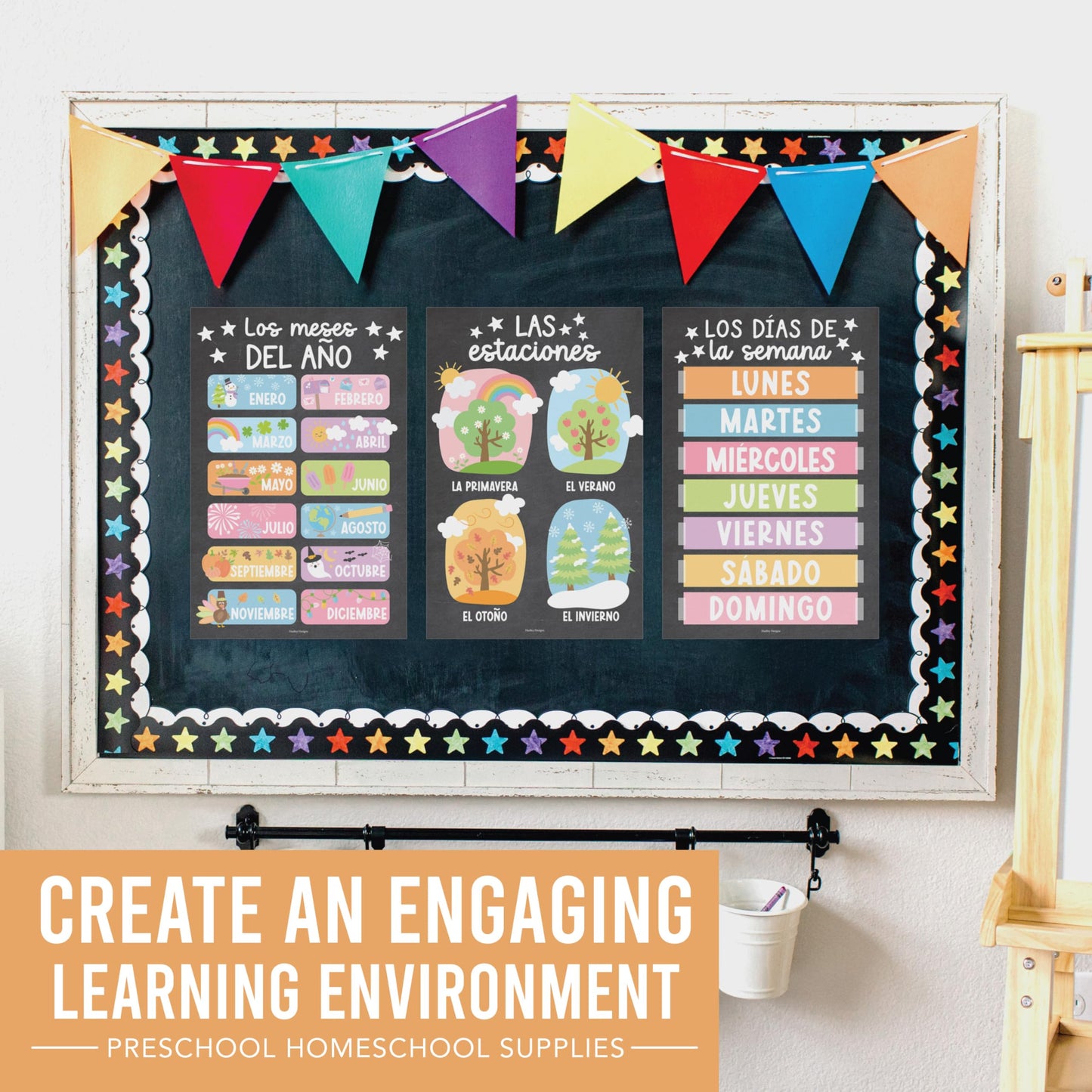 Hadley Designs Spanish Posters for Classroom -12 Bilingual Educational Posters for Spanish Classroom Decorations Must Haves, Calendario y Alfabeto en Español Para la Pared, Chalkboard Teacher Supplies