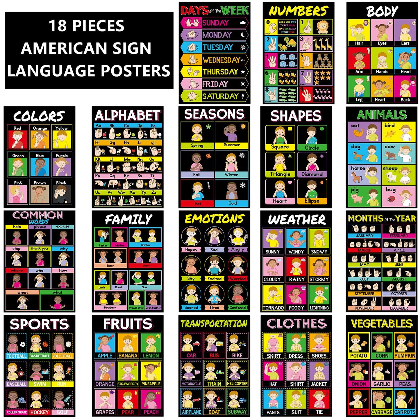 gisgfim 18 Pieces ASL Poster America Sign Language Poster ASL Study Charts for Classroom Education Posters Sign Language for Primary School Toddlers Kids Students Classroom Decor (Black)