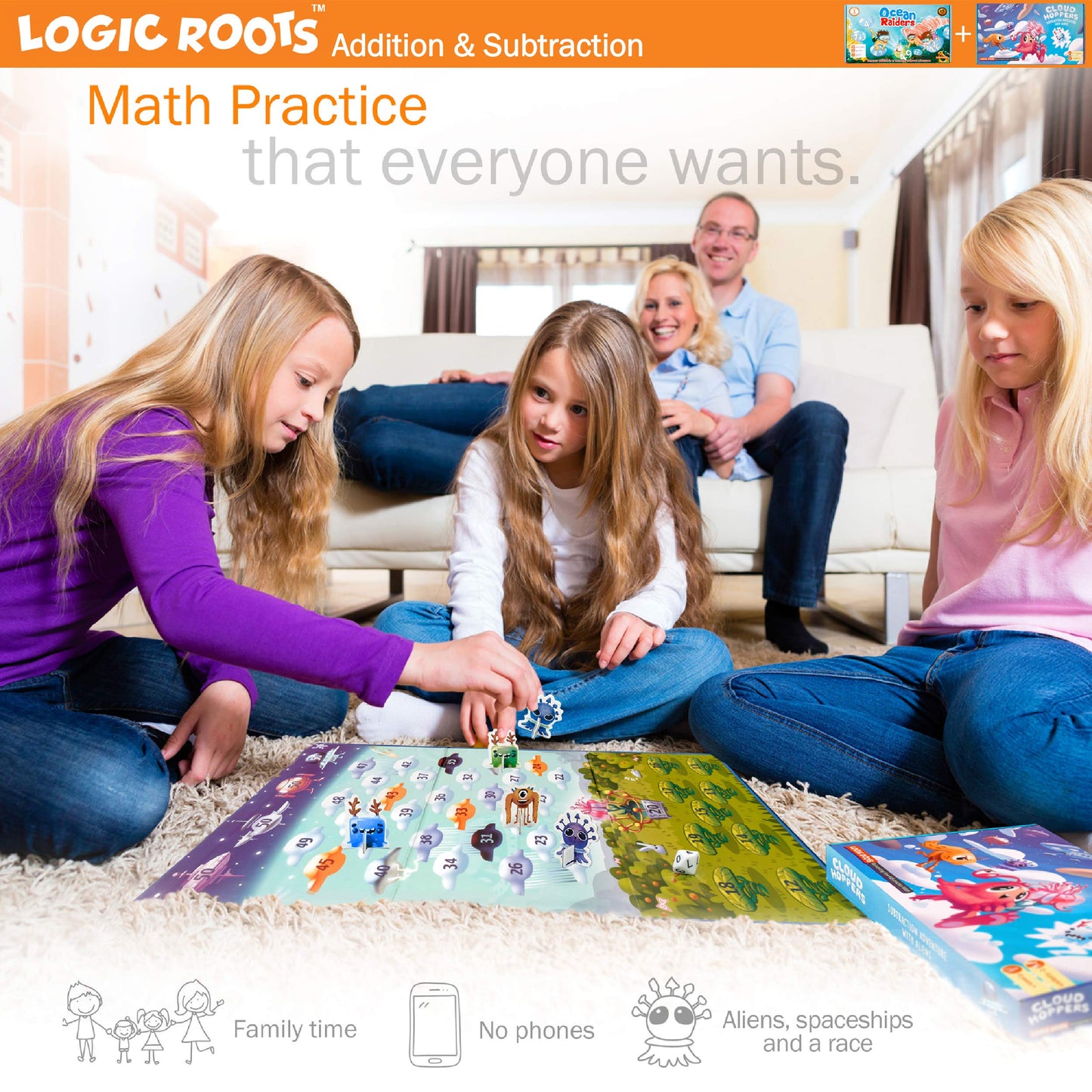 Logic Roots Addition and Subtraction Game - Fun Math Board Game for 6-8 Year Olds, Easy to Play Educational Game for Kids at Home, STEM Toy Gift for Girls & Boys (Ocean Raiders + Cloud Hoppers)