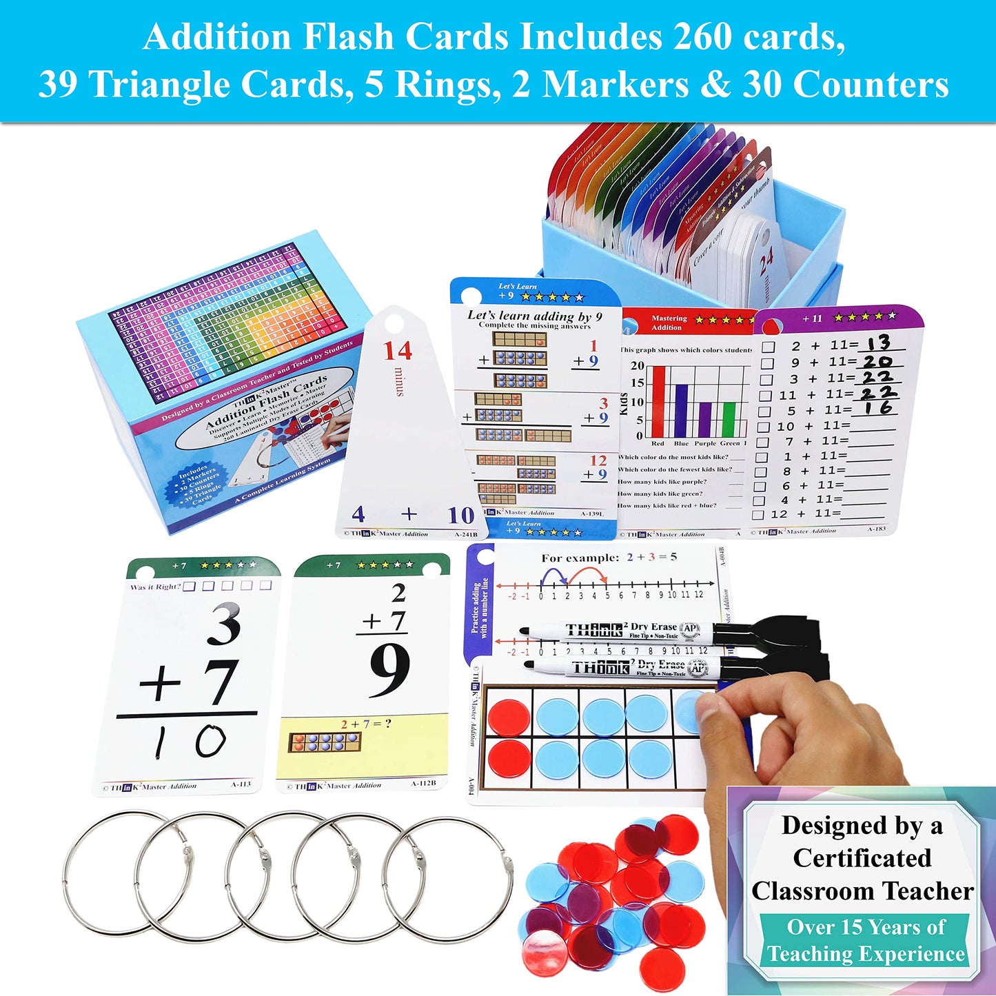 Think2Master Addition, Subtraction & Multiplication Flash Cards. This 3 Pack Includes 780 Laminated Cards to Learn How to add, Subtract, Multiply, Divide. Plus 6 Dry Erase Markers & 15 Rings