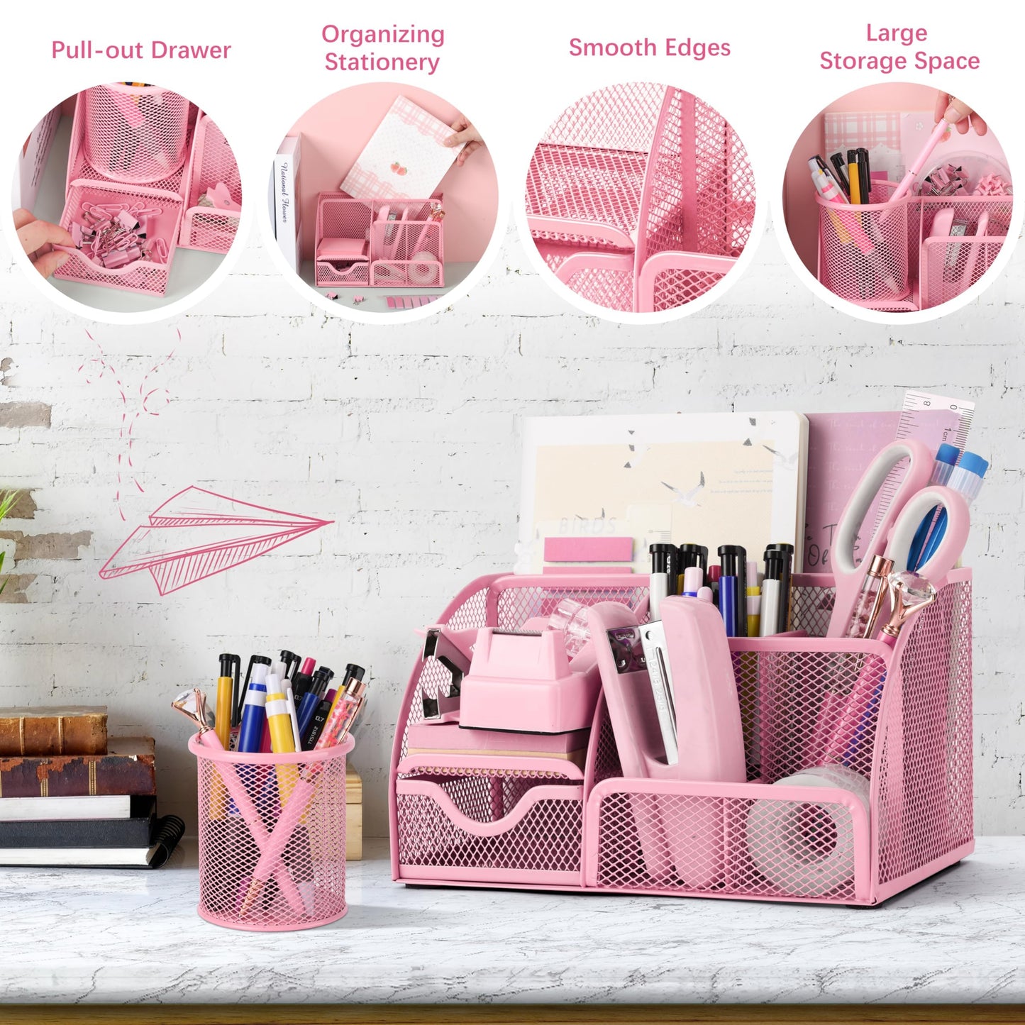 Fayoo 11 Pcs Pink Office Supplies Set Mesh Desk Organizer Accessories Kit include Stapler Tape Dispenser Staple Remover Clips Ruler Scissors Sticky Notes for Office School Home Women (Pink)