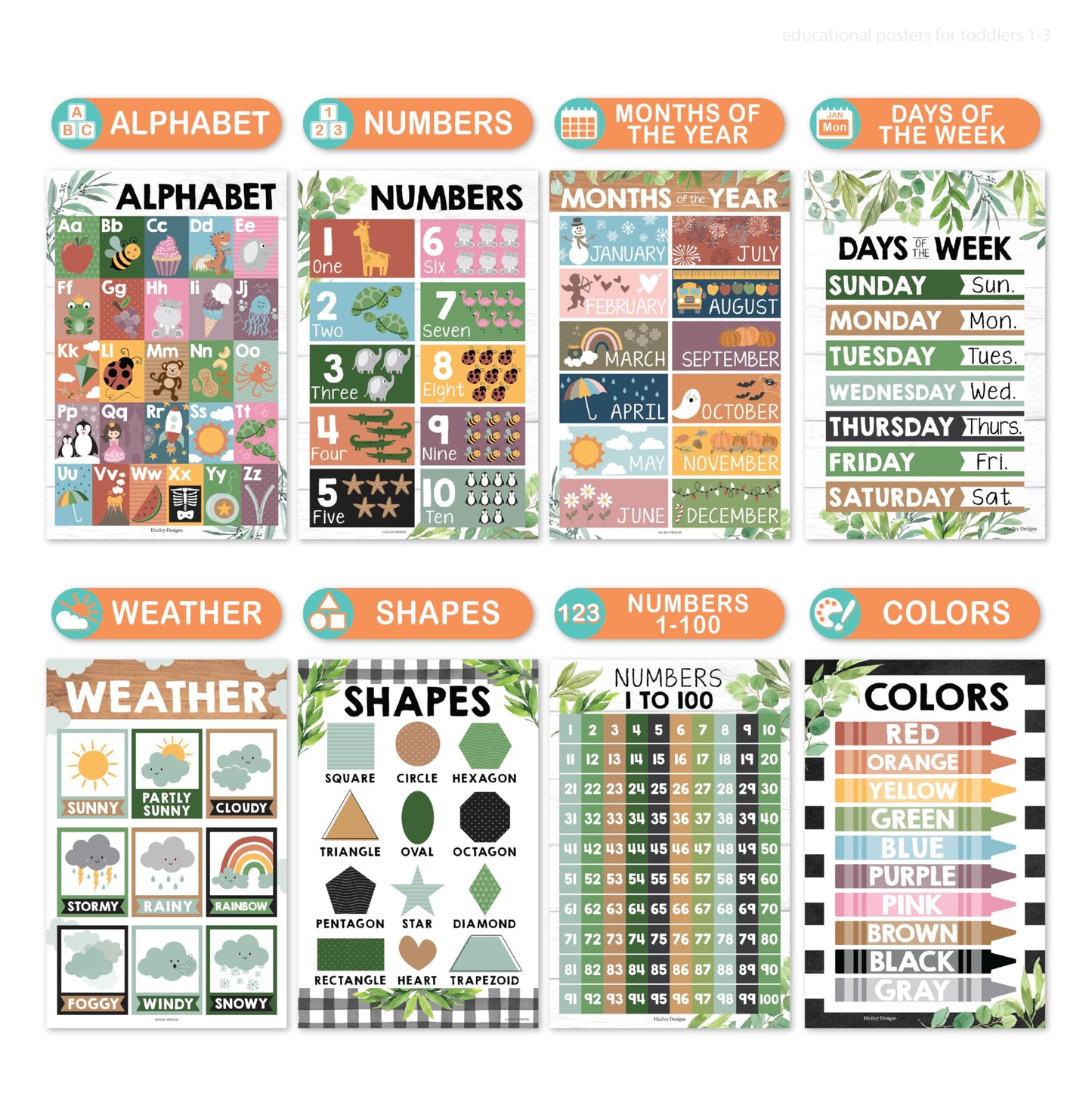 Hadley Designs 16 Educational Posters for Classroom Must Haves - Laminated Pre-K Posters for Toddler Homeschool Essentials, Toddler & Preschool Learning Activities, Kindergarten Classroom Decor