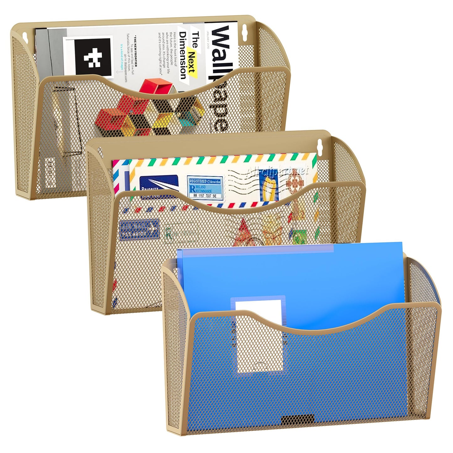 EasyPAG Wall File Organizer 3 Pack, Hanging File Organizer Wall Mount, Metal Mesh Folder Holder for Letter/A4 Papers, Mail Sorter for Office, Classroom, Home, Gold