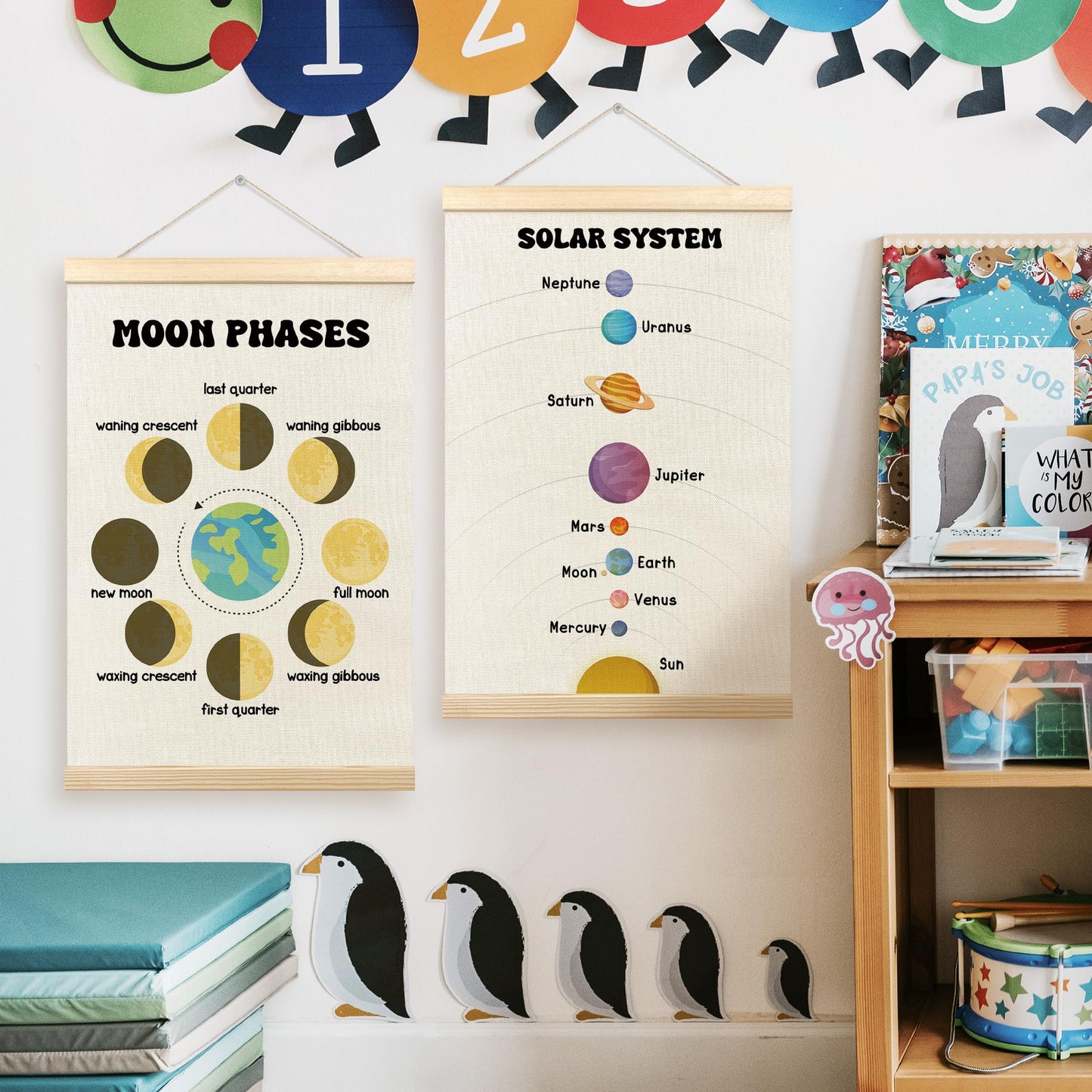 TLESKE Classroom Moon Phases Solar System Space Poster Hanger Frame Set of 2, Homeschool Hanging Wall Art Room Decor for Toddlers Kid Nursery Playroom, Preschool Prek Learning Educational Print, 16x24