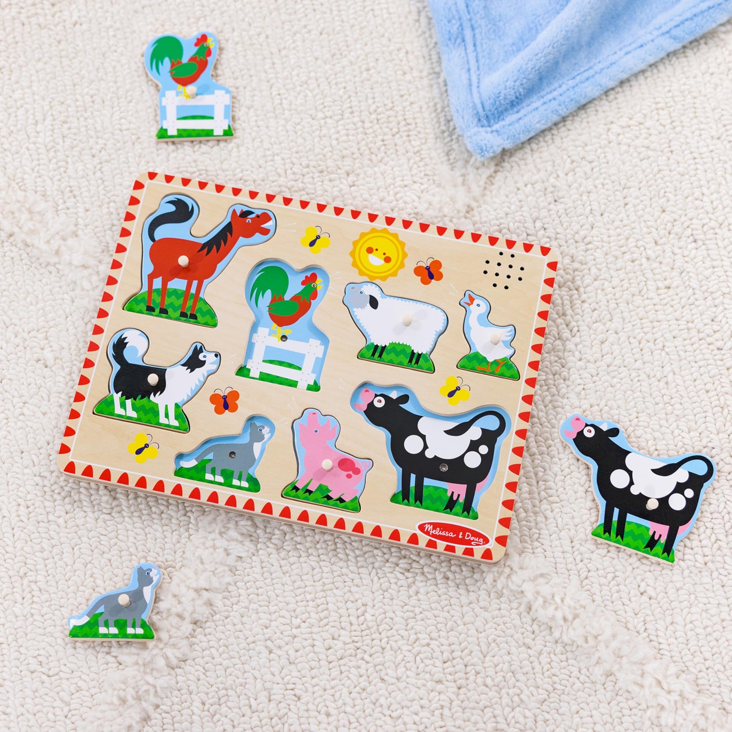 Melissa & Doug Farm Animals Sound Puzzle – 8-Piece Wooden Peg Puzzle with Light-Activated Sounds, Music Learning Toy for Toddlers and Preschoolers Ages 2+