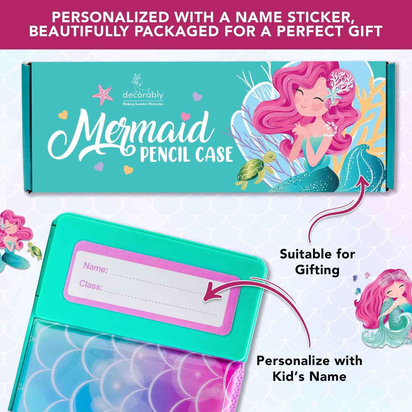 Decorably Pop Up Multifunction Mermaid Pencil Case for Girls, with Calculator, Sharpener, Pen Slots, Mini Drawer and 2 Main Compartments with Magnetic Closure - Back to School Gift for Kids