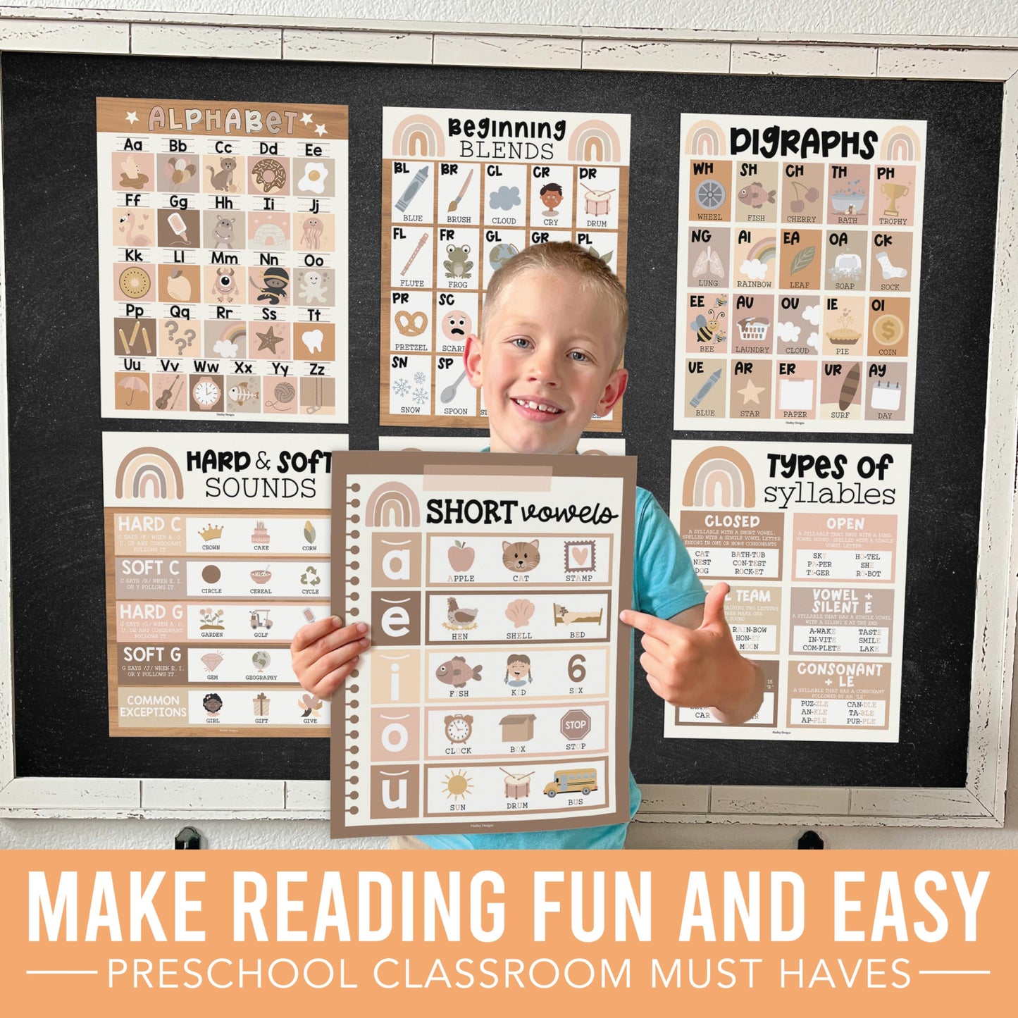Hadley Designs Phonics Posters for Classroom Must Haves - 9 Sound Wall for Kindergarten & Elementary Teacher Supplies, Syllable, Vowels, Digraphs & Blends Bulletin Board Set, Boho Classrom Decor