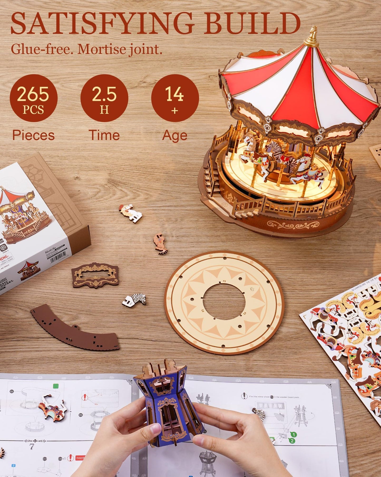 Rolife DIY 3D Wooden Puzzle for Adults, Classic Carousel Wood Puzzle Music Boxes, for Princess Girls Teens, Creative Hobbies Crafts Toys Model Building Kits