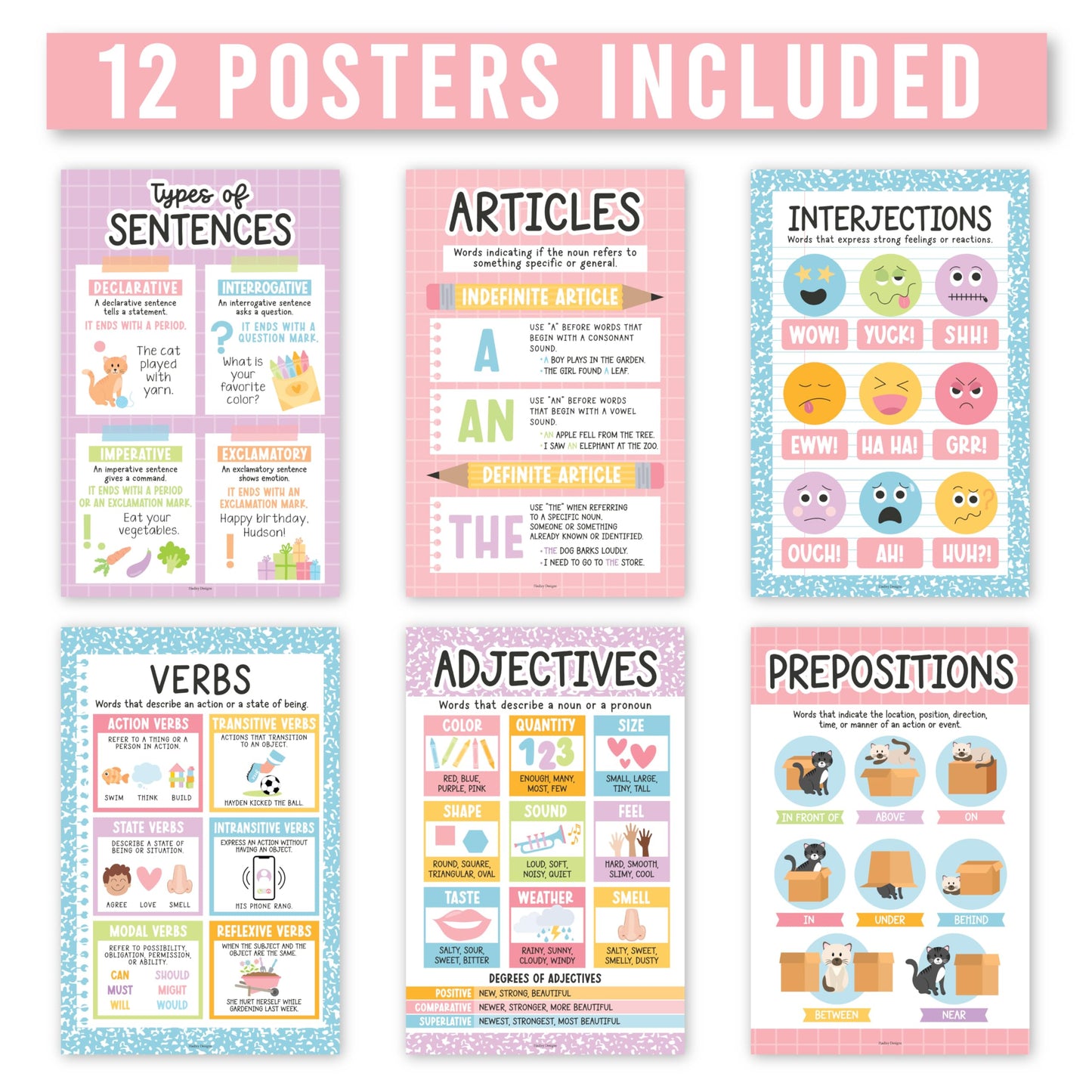 Parts of Speech Posters for Classroom Must Haves - 12 English Grammar Posters, Writing Process Language Arts for Homeschool, Elementary & Middle School, ELA 3rd 4th & 5th Grade Pastel Classroom Decor