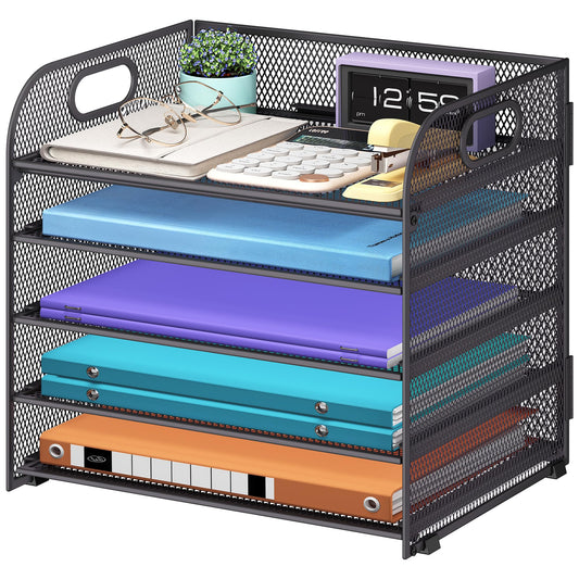 Cawukege 5 Tier Paper Organizer with Handle, Grey Metal Mesh Desk Organizer File Folder Paper Letter Tray Desktop Document Sorter for Classroom, School, Office Accessories Organization and Storage