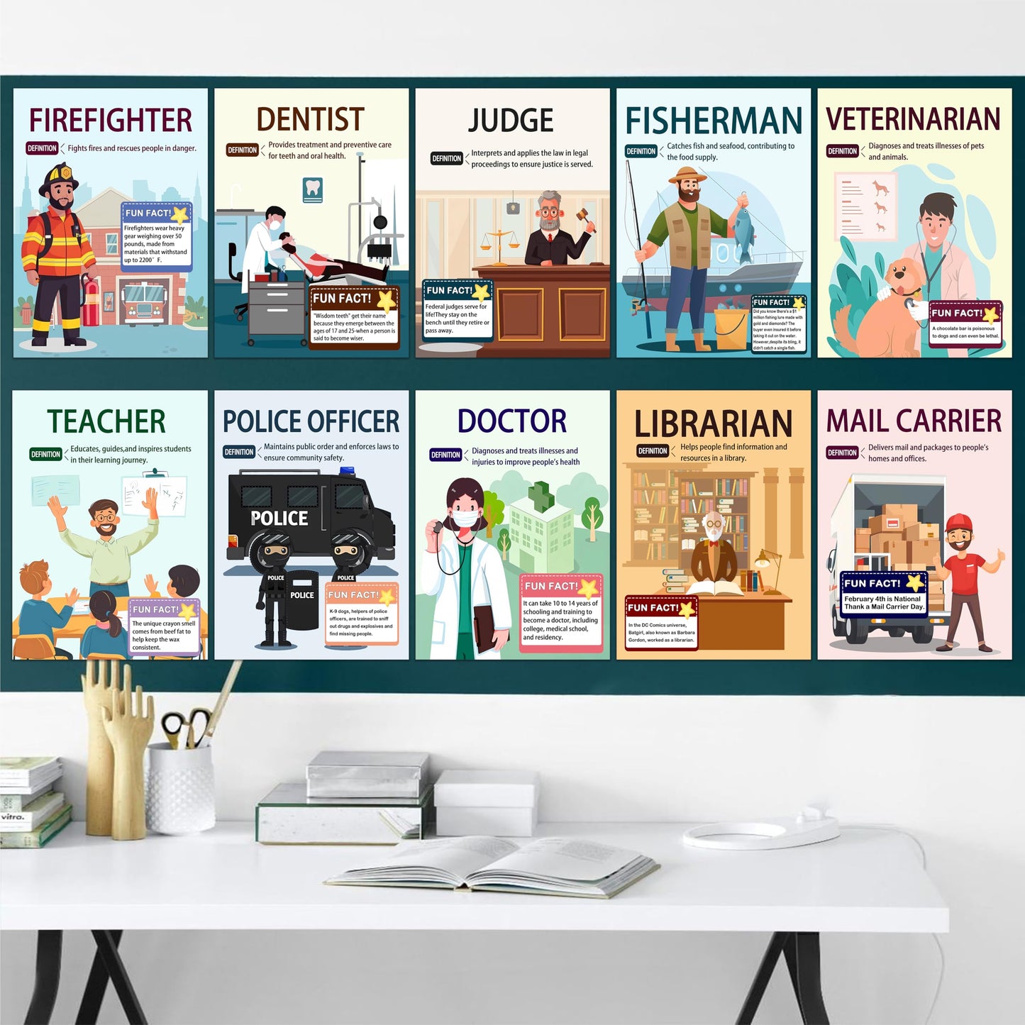 15 Pcs exquisite community assistant posters for classroom and vocational education, helping students easily understand various professions, making them an excellent choice for teacher gifts.29X38cm，Unframed
