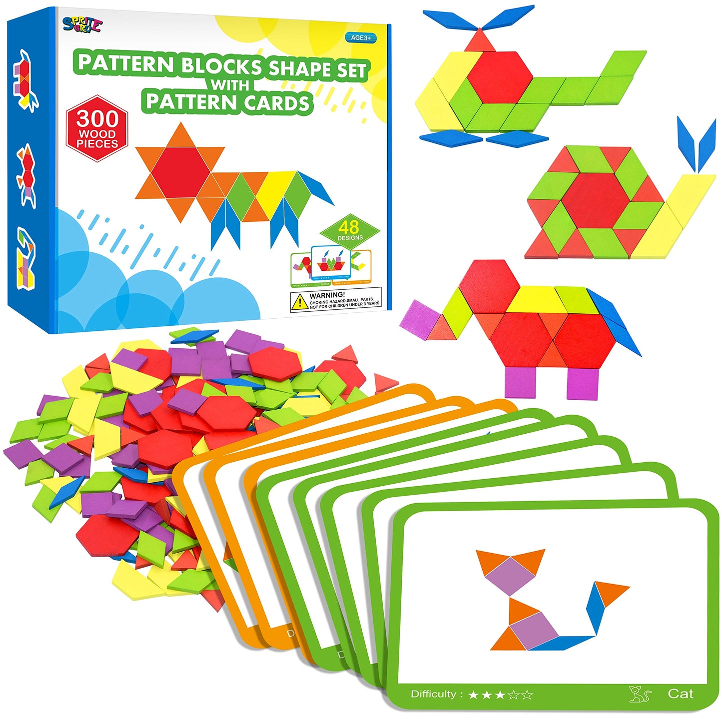 SpriteGru 300 PCS Wooden Pattern Blocks Set for Kids with 24 Double-Sided Design Cards(48 Patterns) and Storage Bag in Gift Box,Fun Montessori Learning Toys