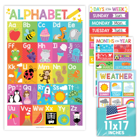 Hadley Designs 4 Alphabet, Months of the Year, Weather, Days of The Week Calendar For Kids, ABC Chart for Wall for Toddlers, Laminated Charts for PreK Classroom or Homeschool, Colorful Posters 11x17