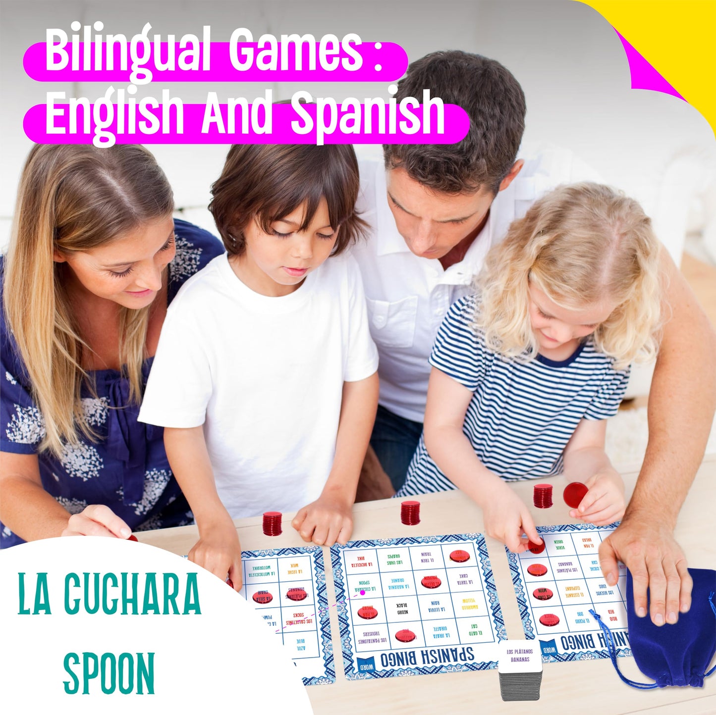 SpriteGru Spanish Bingo Game, 25 Bingo Board Spanish & English Vocabulary Word Game Bilingual Educational Toys for Language Learning - Ages 5 and up (Up to 25 Players)
