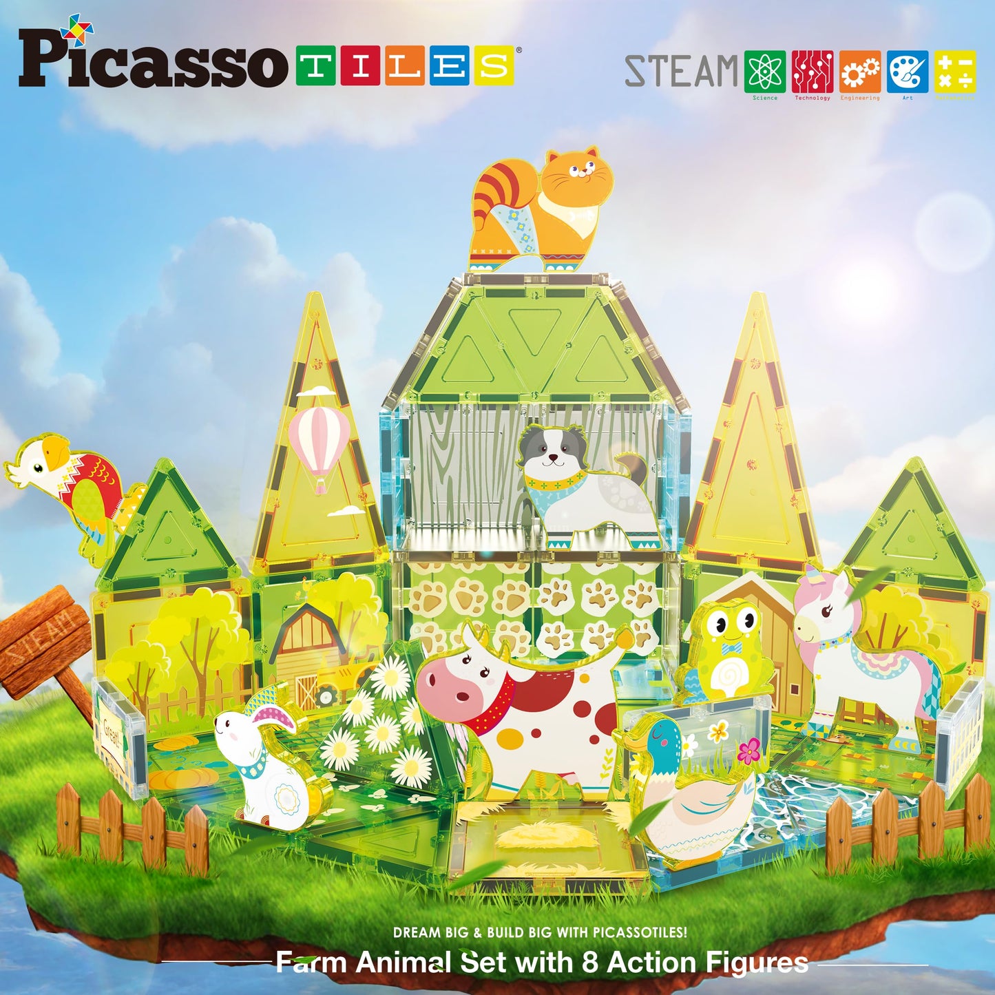 PicassoTiles Magnetic Tile Farm Animal Building Playset with 8 Character Figures STEM Construction Toy for Kids Age 3 Plus Educational Pretend Play Learning Blocks Farmyard Creative Activity Kit PTQ17
