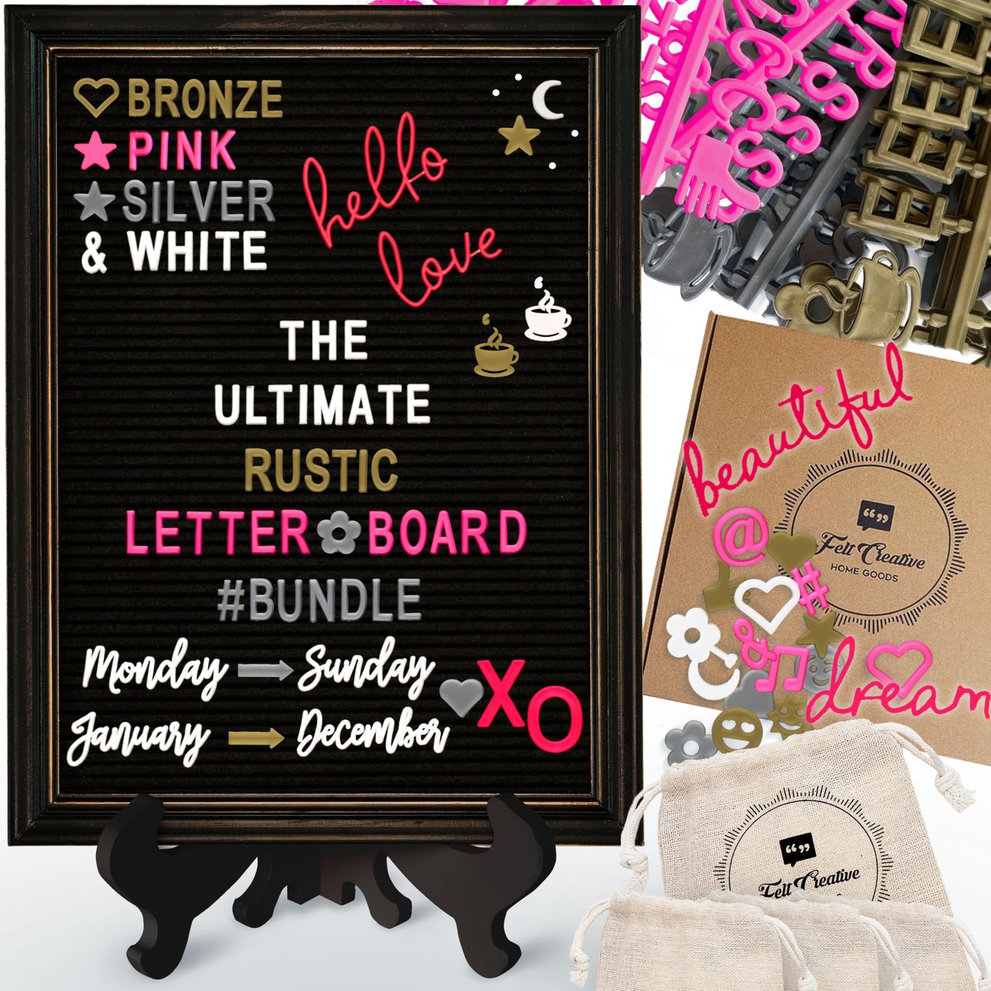 Rustic Felt Letter Board Ultimate Bundle Farmhouse Vintage Black Wood Frame and Stand by Felt Creative Home Goods Changeable Message Memo Board 800+ Letter Set (Gothic Black, 12x16)