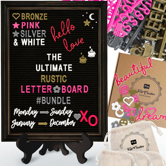 Rustic Felt Letter Board Ultimate Bundle Farmhouse Vintage Black Wood Frame and Stand by Felt Creative Home Goods Changeable Message Memo Board 800+ Letter Set (Gothic Black, 12x16)