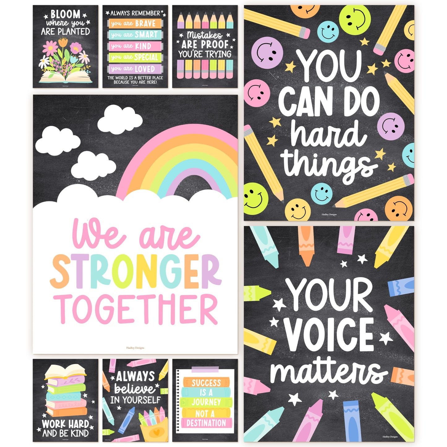 Hadley Designs Motivational Poster for Classroom Decor -9 Growth Mindset Classroom Posters Elementary, Inspirational Wall Decor Middle School, Teacher Must Haves, Chalkboard Bulletin Board Decorations