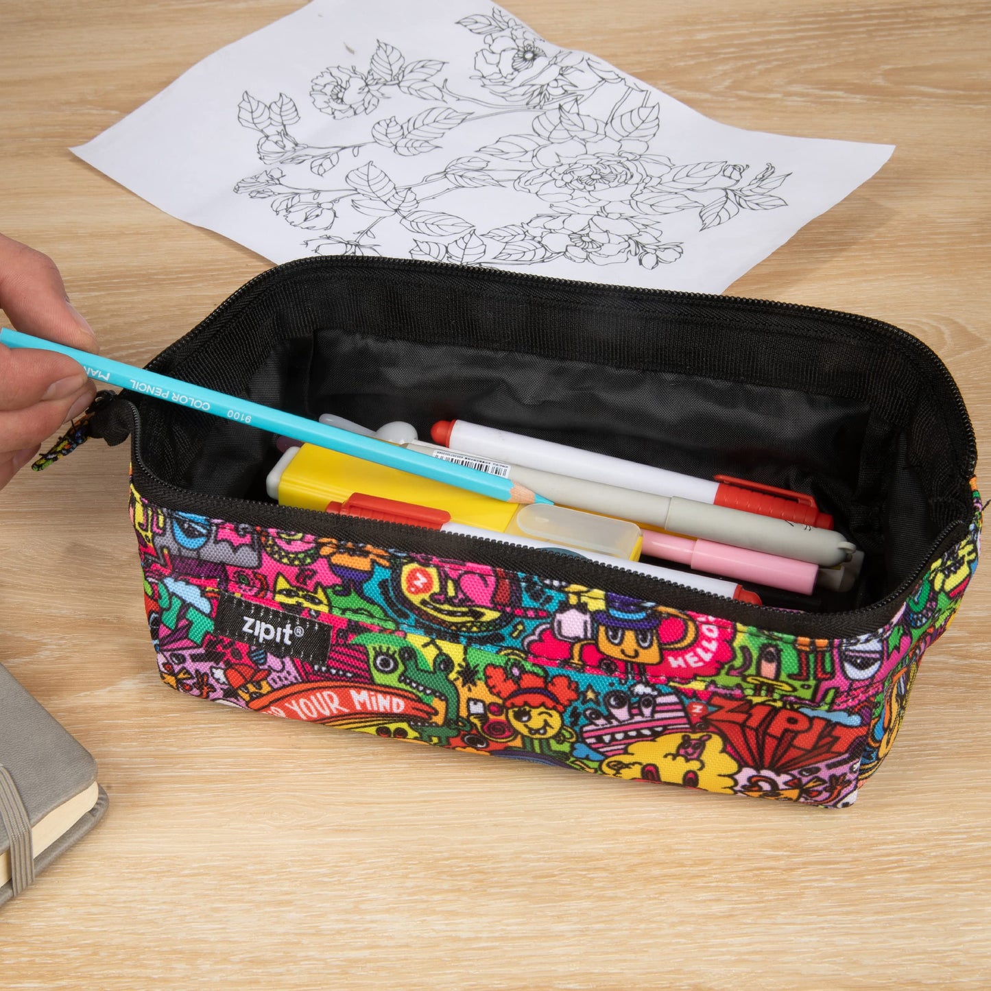 ZIPIT: Lenny Pencil Case - Doodles - Large Storage Capacity Zipper Pouch, Makeup-Stationery Bag, School-Travel, Washable Polyester, Kids-Teens-Adults