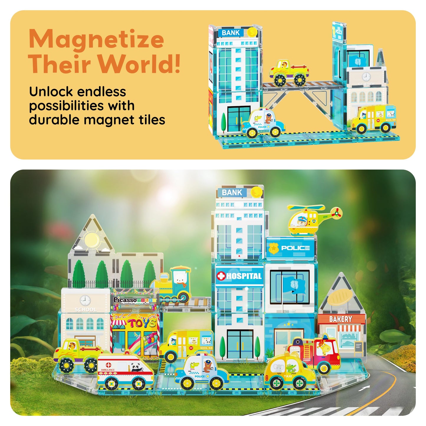PicassoTiles Metro City Hospital Magnetic Tile Building Set with 8 Vehicles and Figures Educational Magnet Blocks Construction for Kids Age 3 Plus STEM Role Play Town Imagination Learning Toy PTQ14
