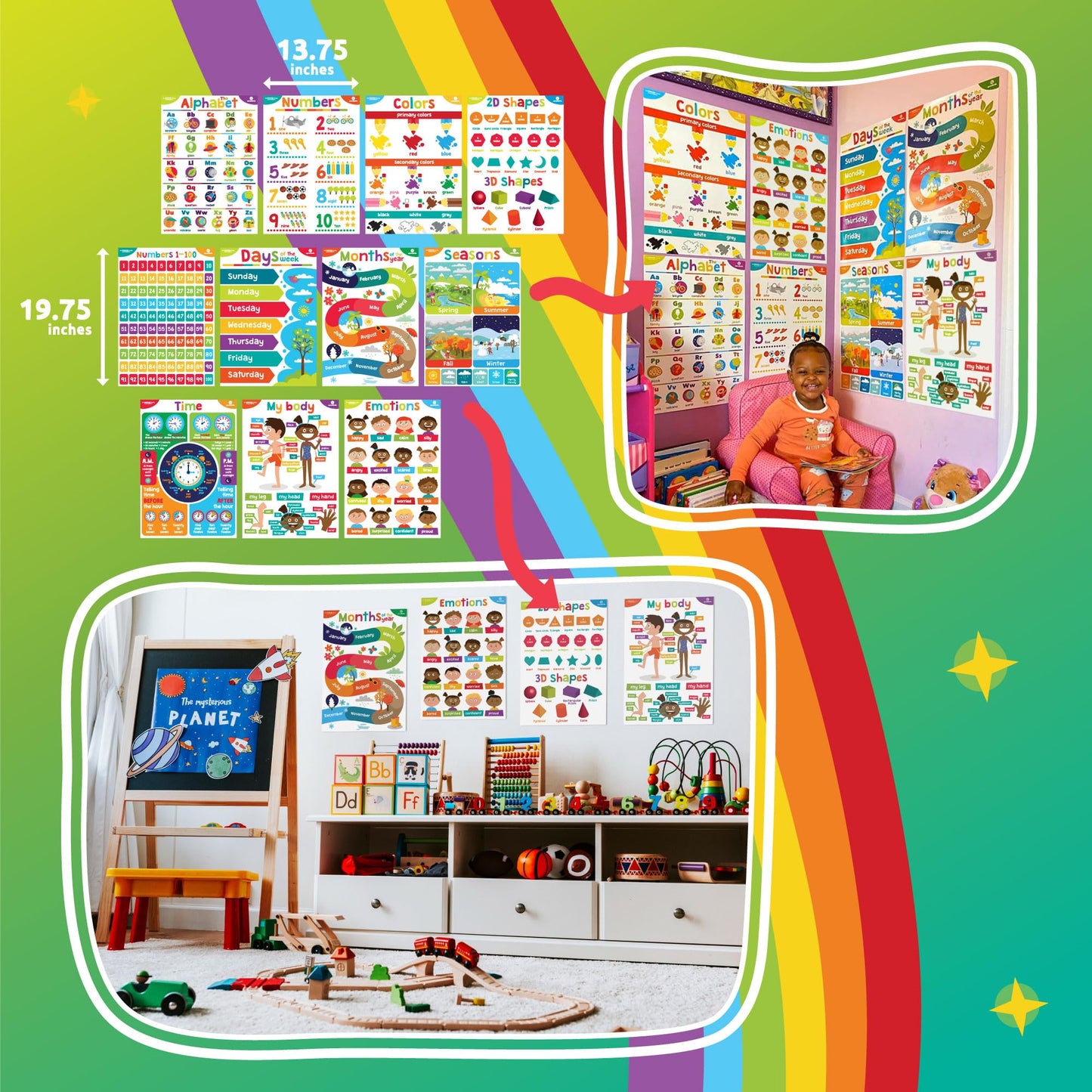 Sproutbrite 11 Pack 13.75"x19.75" Educational Posters for Toddlers Large Classroom Decorations for Preschool & Homeschool – Includes Alphabet, Numbers, Seasons, and Emotions – High-Visibility Learning Charts for Ages 3-5