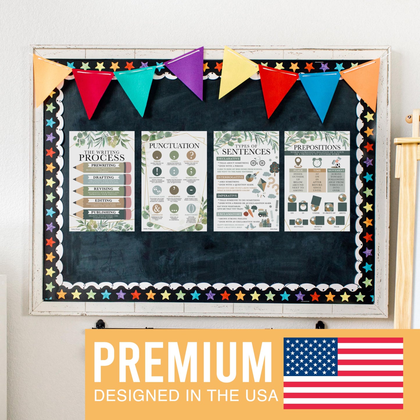 Parts of Speech Posters for Classroom Must Haves - 12 Grammar Posters, Writing Process for Homeschool, Elementary & Middle School, ELA 3rd 4th & 5th Grade Teacher Must Haves, Greenery Classroom Decor