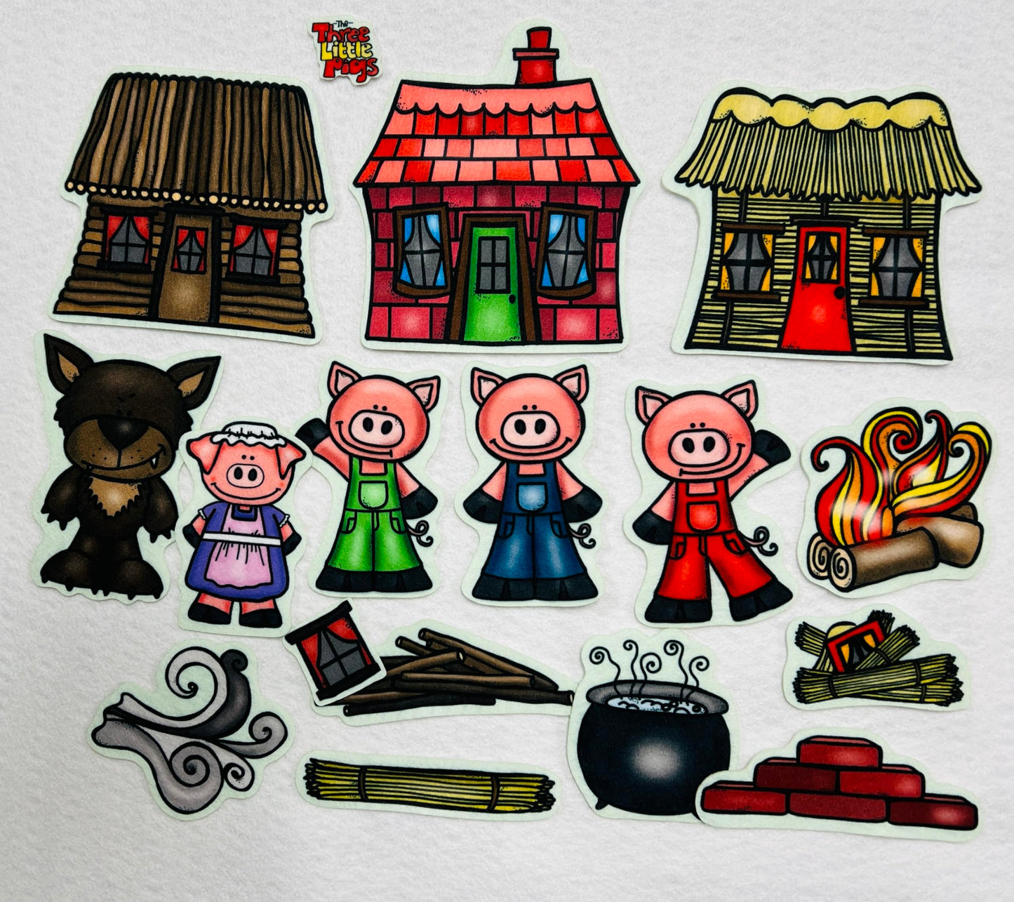 Three Little Pigs Story Set Flannel Felt Board Figures 14 Pieces PRECUT Plus Activity Pages Preschool Made in USA of Domestic Felt & Imported Ink(Medium)