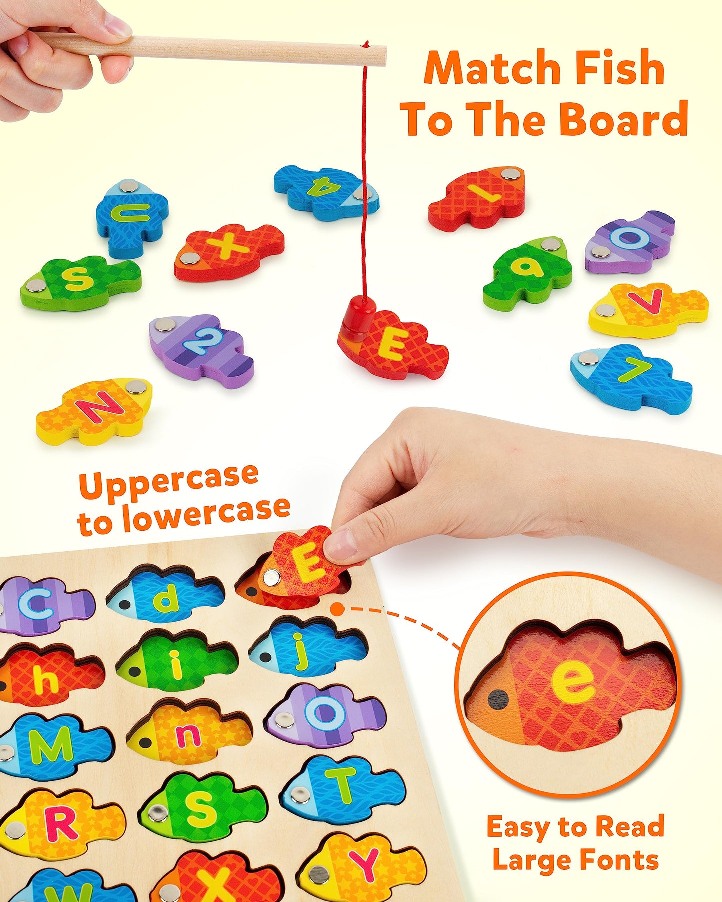Coogam Magnetic Alphabet Numbers Fishing Game, Wooden ABC Letter Numbers Color Matching Puzzle Fine Motor Montessori Educational Toy for Preschool 3 4 5 Year Old Toddlers