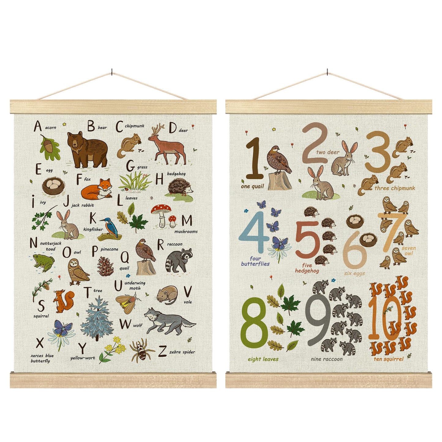 BCUANGD Alphabet Educational Wall Decor - Neutral Woodland Animals Poster Hanger with Wood Frames Set of 2, Kids ABC Numbers Wall Hanging Canvas Decor for Home Playroom Kids Room, 12x16 Inches