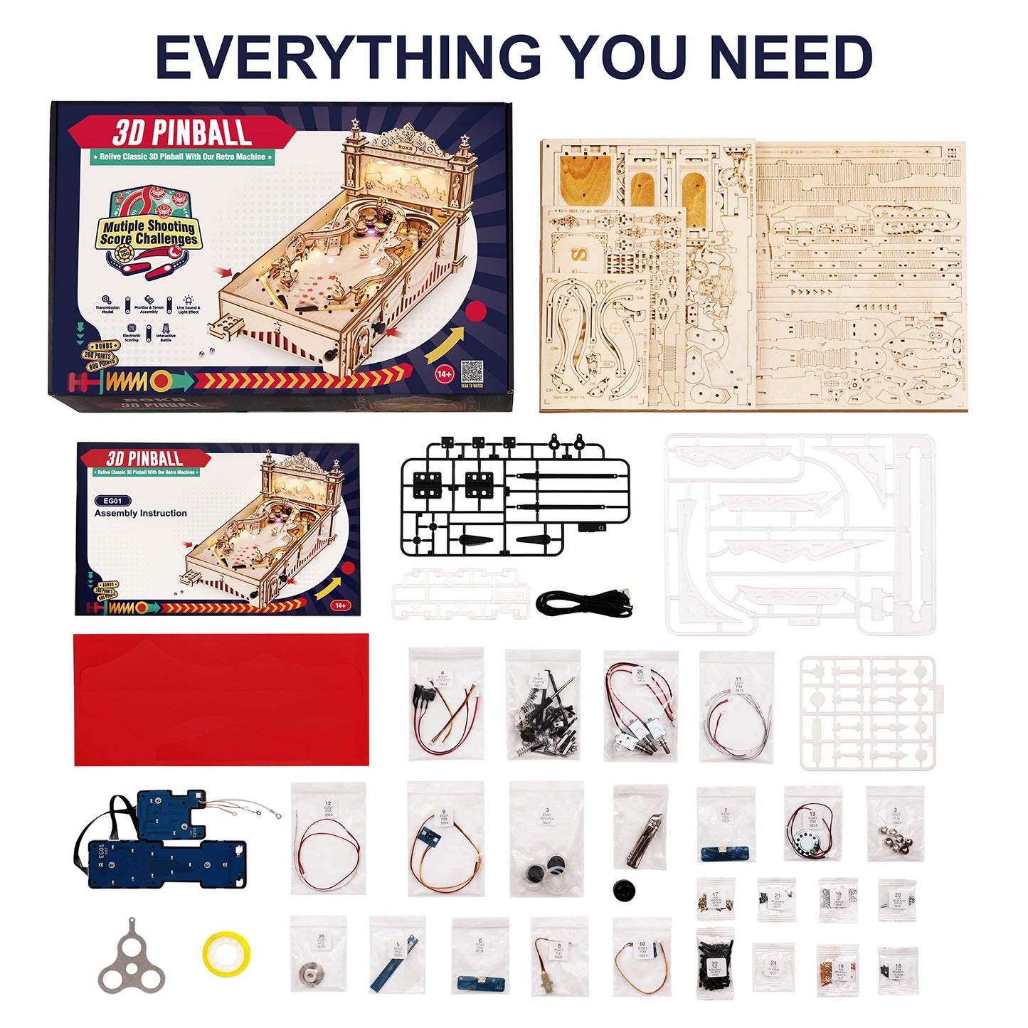 Rowood Wooden Puzzles 3D Pinball Machine Mechanical Model Wooden 3D Puzzles for Adults DIY Pinball Game Wooden Puzzle-Model Building Kits Christmas Birthday Gifts for Adult and 14+