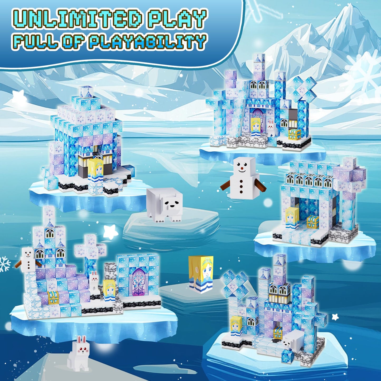 Fitrobust 200 Pack Magnetic Blocks for Kids, STEM Construction Toys with Forest Theme | Creative Educational Games for Ages 3, 4, 5, 6, 7, 8, 9, 10 | Ideal Birthday for Boys & Girls (ICE, Count, 200)
