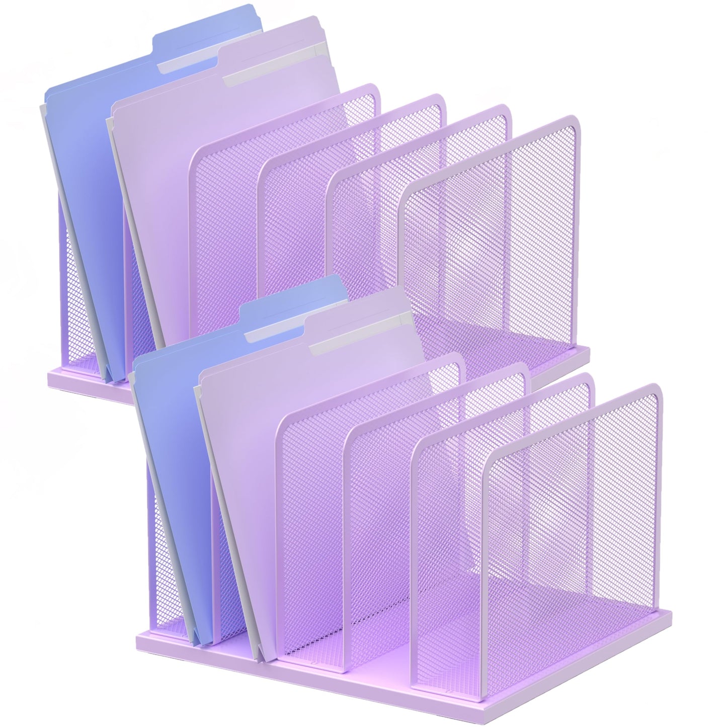 Kuntine.B Desk File Organizer Upright Mesh Desktop Organizer File Sorter Office Organization File Holder for Home, Office & Classroom (Purple, 2 Pack 5-Section)