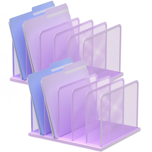 Kuntine.B Desk File Organizer Upright Mesh Desktop Organizer File Sorter Office Organization File Holder for Home, Office & Classroom (Purple, 2 Pack 5-Section)