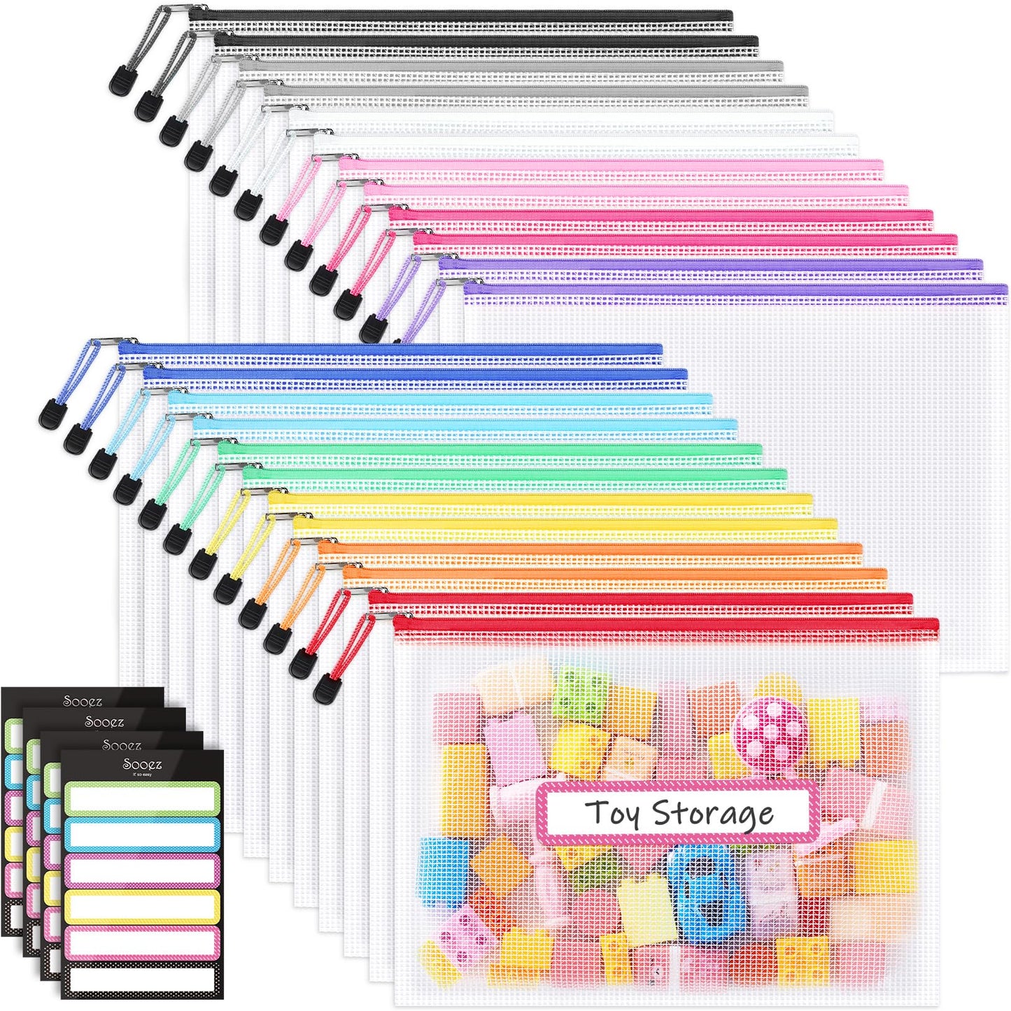 Sooez 24 Pack Mesh Zipper Pouch with Sticky Labels, A4 Mesh Bags, Sturdy Letter Size File Folders Organizer, Office School Classroom Teacher Supplies, Toy Storage Bag Board Game Puzzles Organization