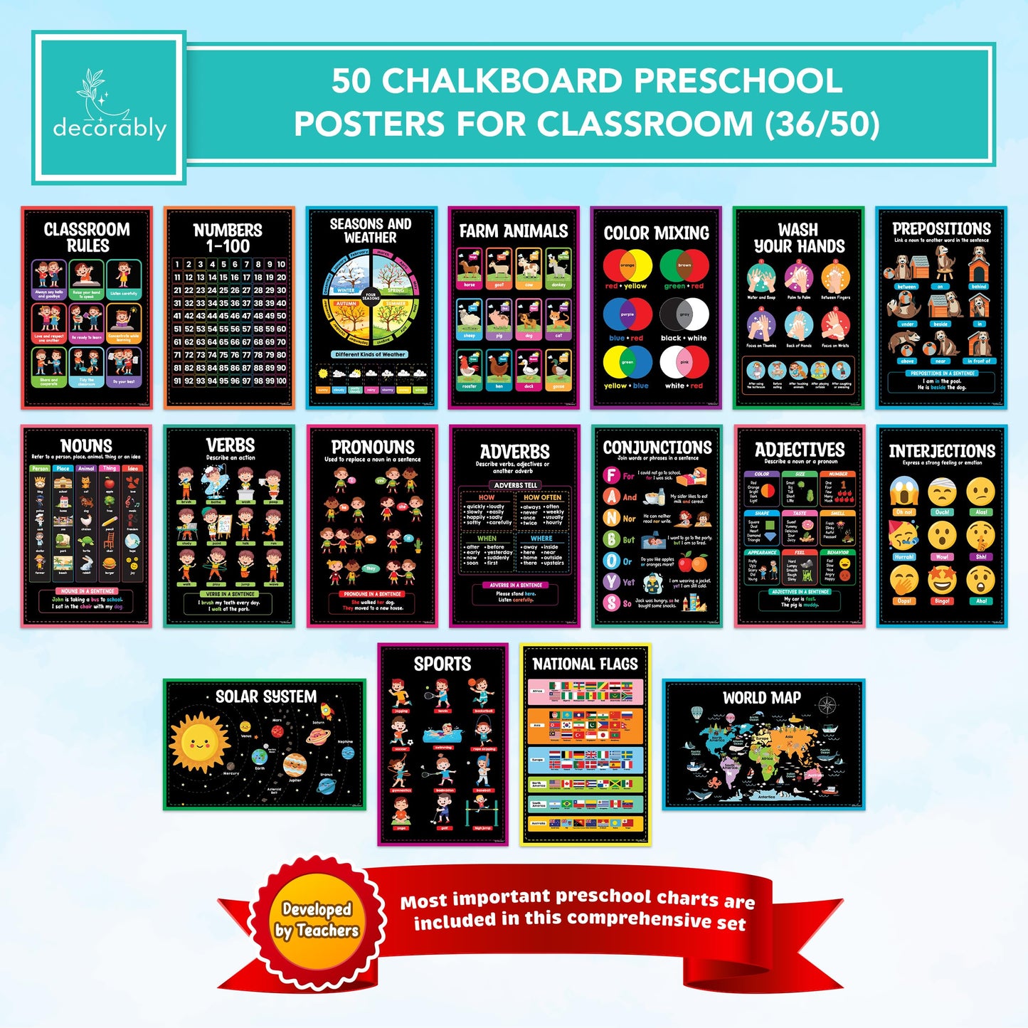 Decorably 50 Chalkboard Learning Posters for Kids Ages 5-7, Toddlers, Kindergarten, 11x17in Educational, Matte-Laminated Classroom Decor for School Hallways, Bulletin Boards, Home Study Room