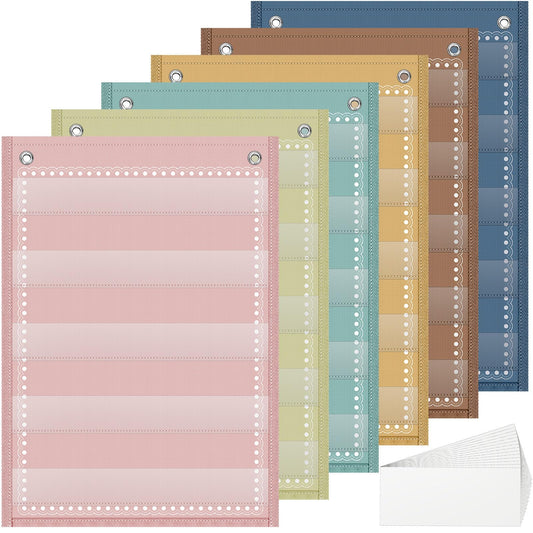 Gueevin 6 Set Magnetic Pocket Chart with 5 Clear Pockets and 30 Dry Erase Cards Painted Classroom Schedule Pocket Chart for Whiteboard Class Demonstrations(Vintage Color,Stripes Pattern)