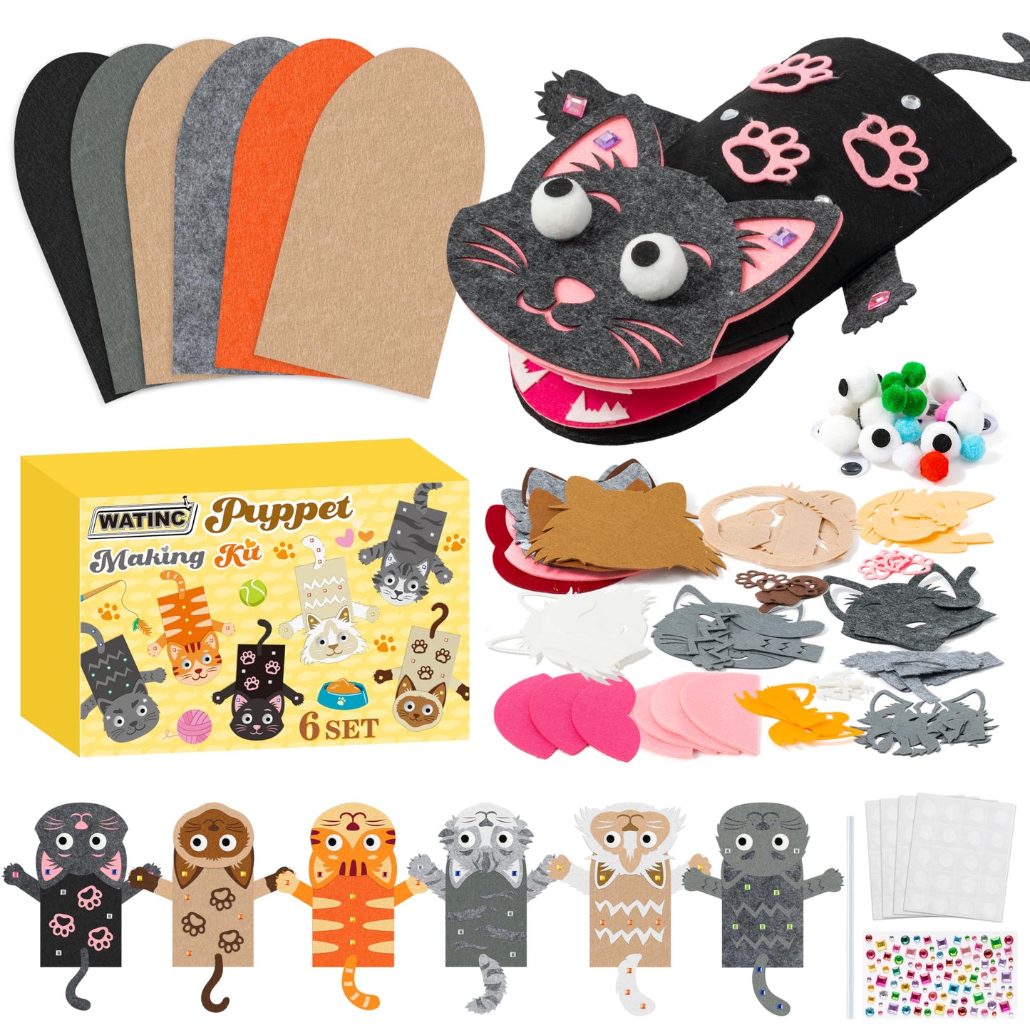 WATINC 6Pcs Hand Puppet Making Kit, Art Craft Felt Sock Puppet Toys, Creative DIY Make Your Own Pompoms Wiggle Googly Eyes Storytelling Role Play Party Supplies Gift for Girls Boys (Cat A)