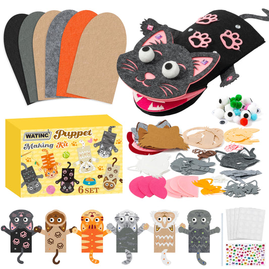 WATINC 6Pcs Hand Puppet Making Kit, Art Craft Felt Sock Puppet Toys, Creative DIY Make Your Own Pompoms Wiggle Googly Eyes Storytelling Role Play Party Supplies Gift for Girls Boys (Cat A)