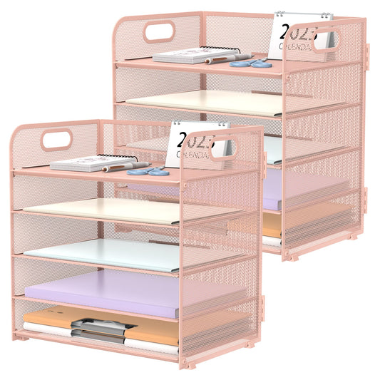 2 Pack 5-Tier Pink Desk Organizer with Handle Mesh Desk File/Paper Organizer Letter Tray for Office, School, Classroom and Home Easy Installation